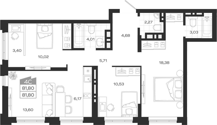 Планировка 4е-к.кв 81.80 м² в ЖК «Ясный Берег»