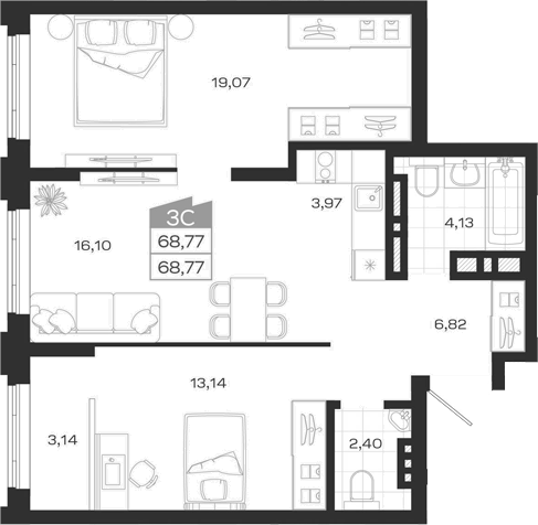 Планировка 3е-к.кв 68.77 м² в ЖК «Ясный Берег»
