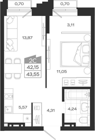 Планировка 2е-к.кв 42.52 м² в ЖК «Ясный Берег»