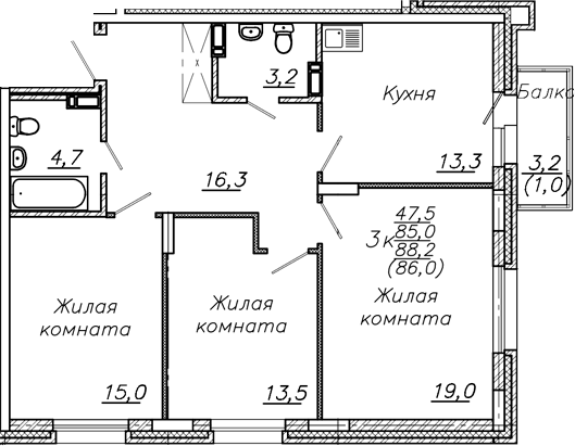 Планировка 3-к.кв 85.00 м² в ЖК «Авиастроителей»