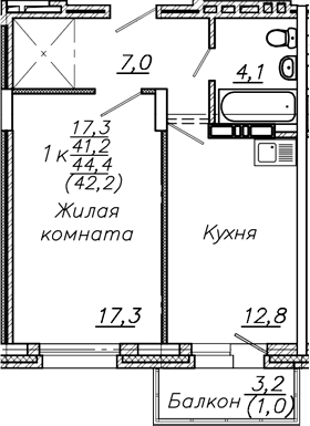 Планировка 1-к.кв 41.20 м² в ЖК «Авиастроителей»