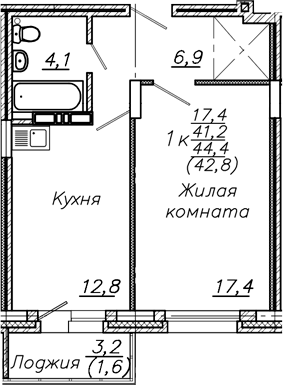 Планировка 1-к.кв 41.20 м² в ЖК «Авиастроителей»