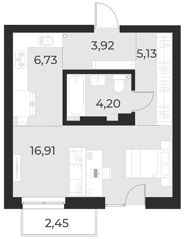 Планировка студии 36.90 м² в ЖК «Русское солнце»