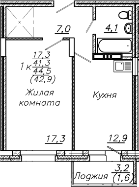 Планировка 1-к.кв 41.30 м² в ЖК «Авиастроителей»