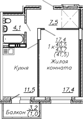 Планировка 1-к.кв 40.50 м² в ЖК «Авиастроителей»