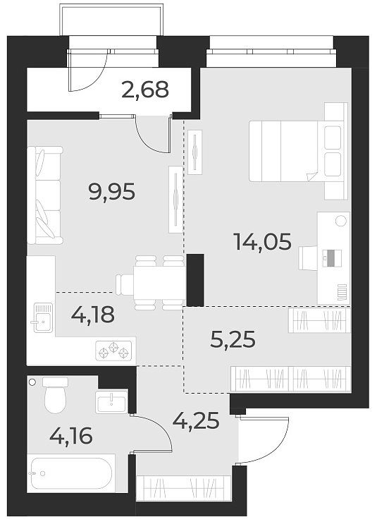 Планировка 2е-к.кв 41.80 м² в ЖК «Русское солнце»