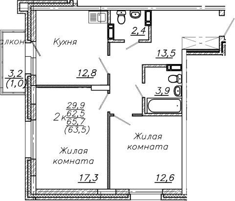 Планировка 2-к.кв 62.50 м² в ЖК «Авиастроителей»