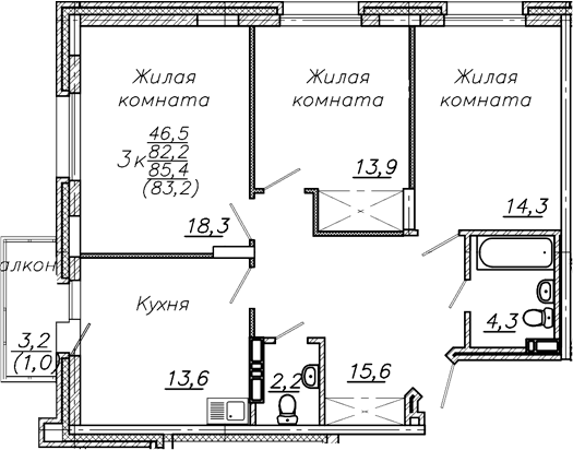Планировка 3-к.кв 82.20 м² в ЖК «Авиастроителей»
