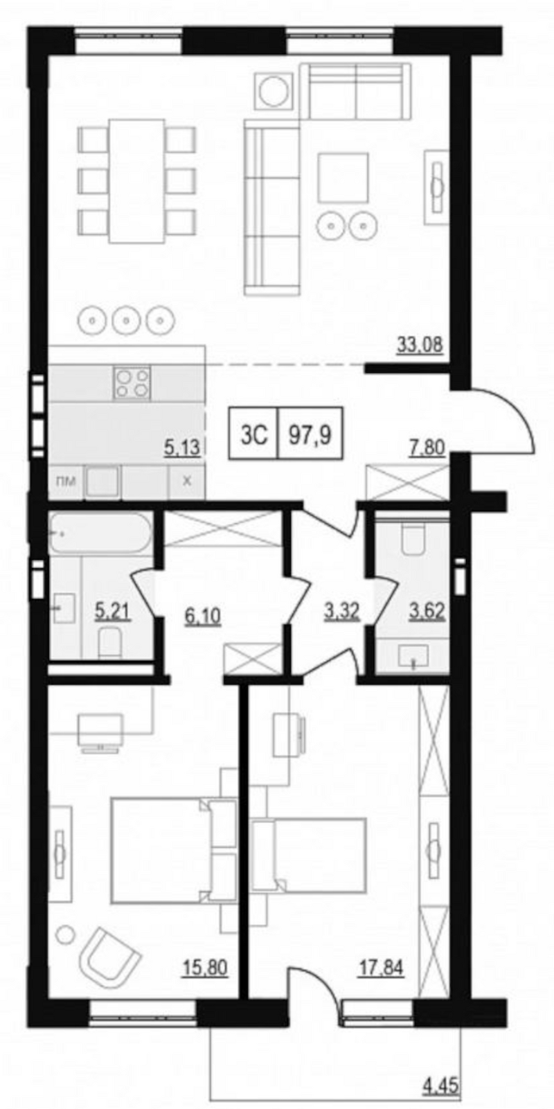 Планировка 3е-к.кв 100.96 м² в ЖК «Жуковка»