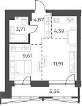 Планировка 2е-к. квартира 34.29 м² в ЖК «Русское солнце»