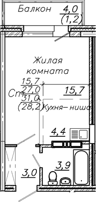 Планировка студии 27.00 м² в ЖК «Авиастроителей»