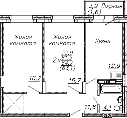 Планировка 2-к.кв 61.50 м² в ЖК «Авиастроителей»