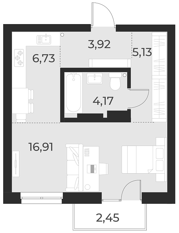 Планировка студии 36.90 м² в ЖК «Русское солнце»