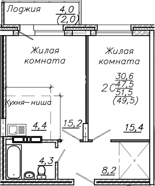 Планировка 2е-к.кв 47.50 м² в ЖК «Авиастроителей»