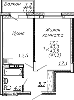 Планировка 1-к.кв 40.30 м² в ЖК «Авиастроителей»