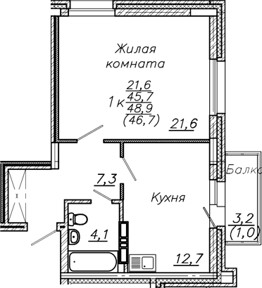 Планировка 1-к.кв 45.70 м² в ЖК «Авиастроителей»