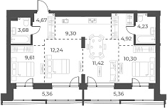 Планировка 4е-к. квартира 70.37 м² в ЖК «Русское солнце»