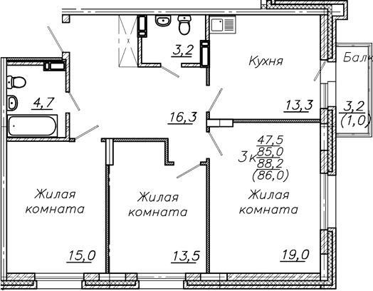 Планировка 3-к.кв 85.00 м² в ЖК «Авиастроителей»