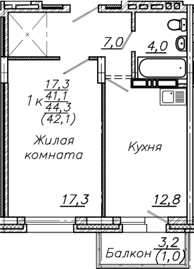 Планировка 1-к.кв 41.10 м² в ЖК «Авиастроителей»