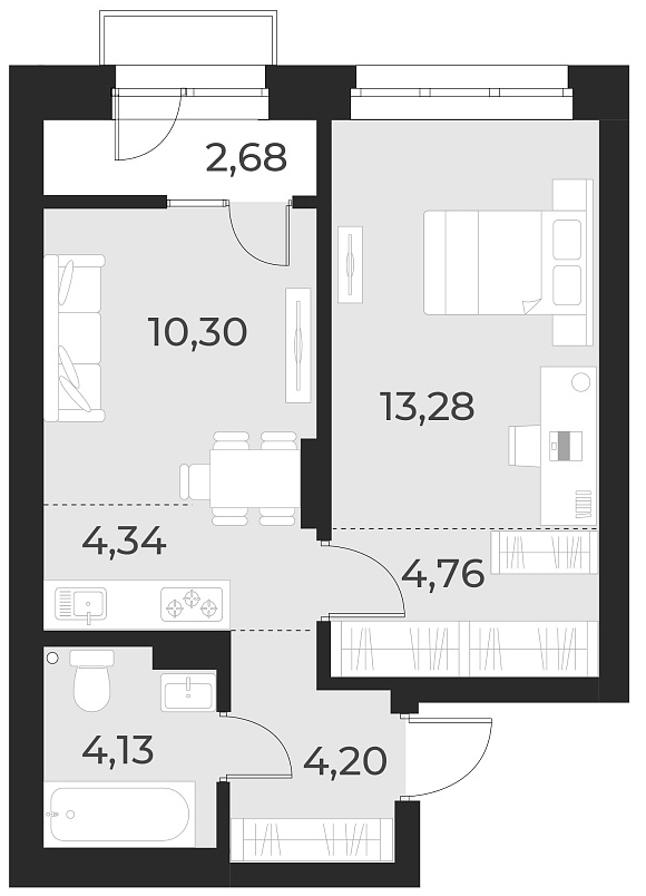Планировка 2е-к. квартира 41.00 м² в ЖК «Русское солнце»