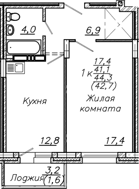 Планировка 1-к.кв 41.10 м² в ЖК «Авиастроителей»