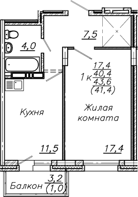 Планировка 1-к.кв 40.40 м² в ЖК «Авиастроителей»