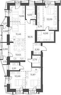 Планировка 5-к. квартира 113.36 м² в ЖК «Русское солнце»