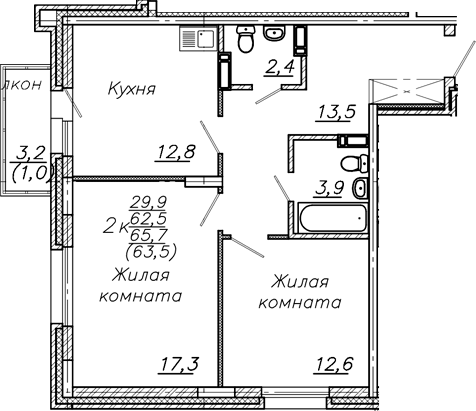 Планировка 2-к.кв 62.50 м² в ЖК «Авиастроителей»
