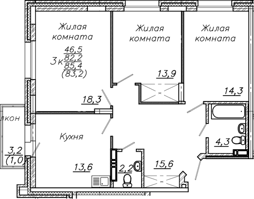 Планировка 3-к.кв 82.20 м² в ЖК «Авиастроителей»