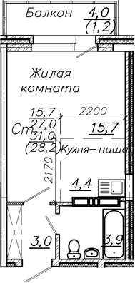 Планировка студии 27.00 м² в ЖК «Авиастроителей»