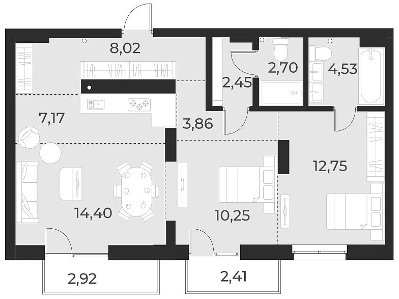 Планировка 3е-к. квартира 66.10 м² в ЖК «Русское солнце»
