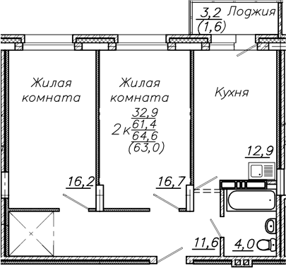 Планировка 2-к.кв 61.40 м² в ЖК «Авиастроителей»