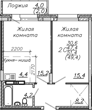 Планировка 2е-к.кв 47.40 м² в ЖК «Авиастроителей»