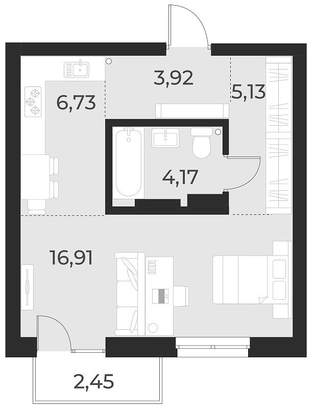 Планировка студии 36.90 м² в ЖК «Русское солнце»