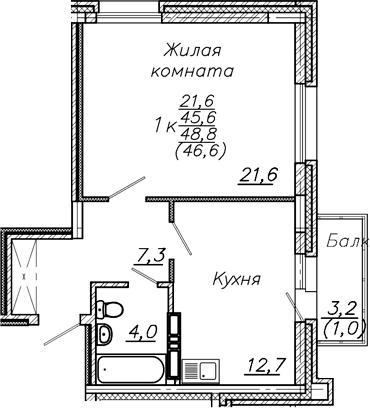 Планировка 1-к.кв 45.60 м² в ЖК «Авиастроителей»