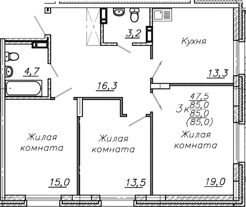 Планировка 3-к.кв 85.00 м² в ЖК «Авиастроителей»