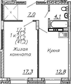 Планировка 1-к.кв 41.20 м² в ЖК «Авиастроителей»