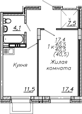 Планировка 1-к.кв 40.50 м² в ЖК «Авиастроителей»