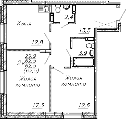 Планировка 2-к.кв 62.50 м² в ЖК «Авиастроителей»