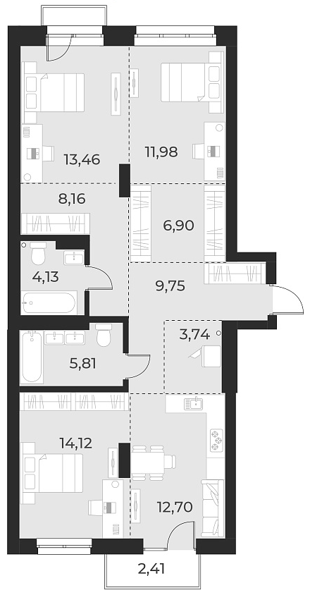 Планировка 3-к. квартира 90.80 м² в ЖК «Русское солнце»