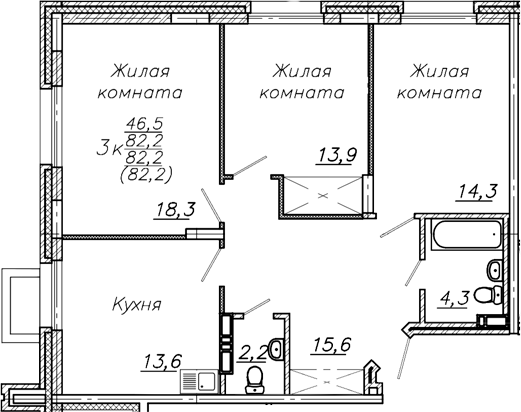 Планировка 3-к.кв 82.20 м² в ЖК «Авиастроителей»