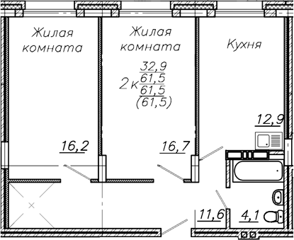 Планировка 2-к.кв 61.50 м² в ЖК «Авиастроителей»