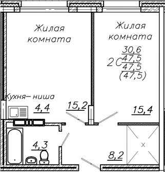 Планировка 2е-к.кв 47.50 м² в ЖК «Авиастроителей»