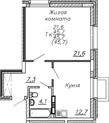 Планировка 1-к.кв 45.70 м² в ЖК «Авиастроителей»