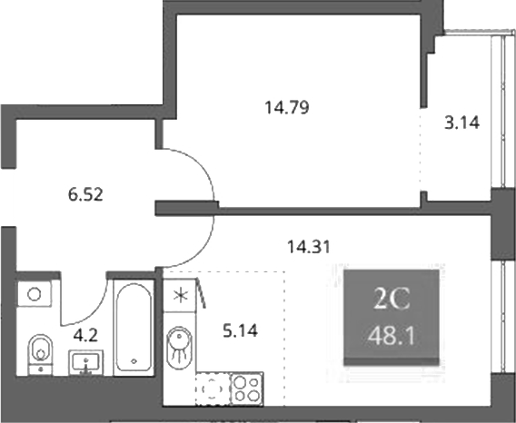 Планировка 2е-к.кв 44.96 м² в ЖК «Беринг»
