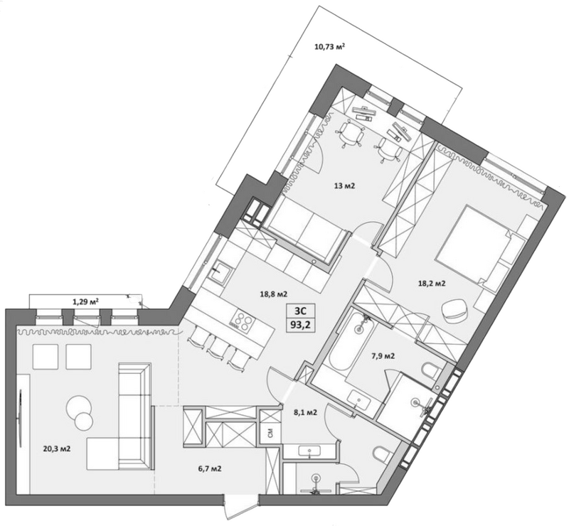Планировка 4е-к.кв 100.49 м² в ЖК «Жуковка»