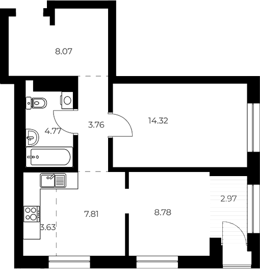Планировка 3е-к. квартира 51.73 м² в ЖК «ОСКАР»