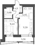 Планировка 2е-к.кв 33.03 м² в ЖК «Русское солнце»