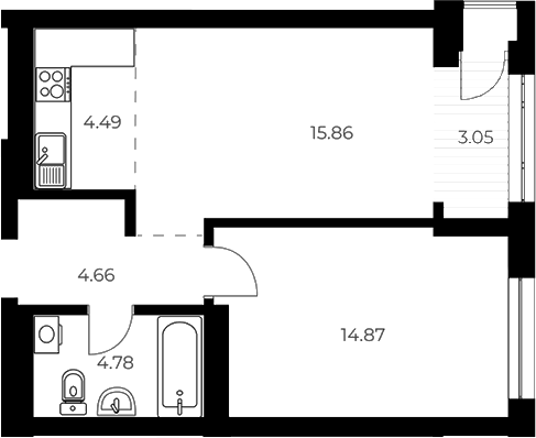 Планировка 2е-к. квартира 45.45 м² в ЖК «ОСКАР»