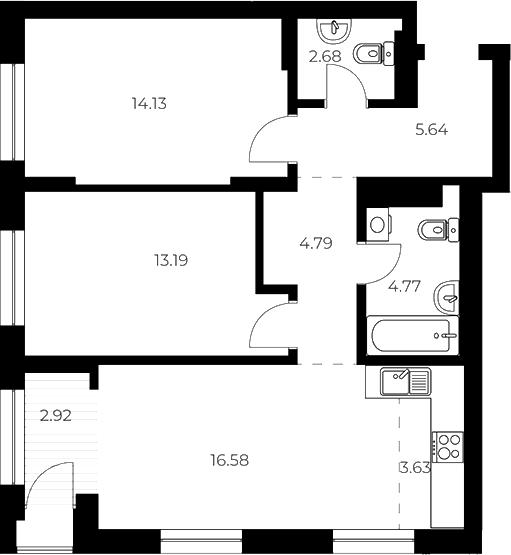 Планировка 3е-к. квартира 65.38 м² в ЖК «ОСКАР»